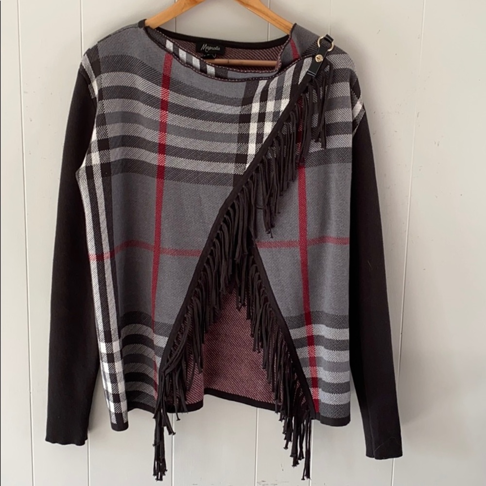 Boutique plaid fringe wrap front cardigan